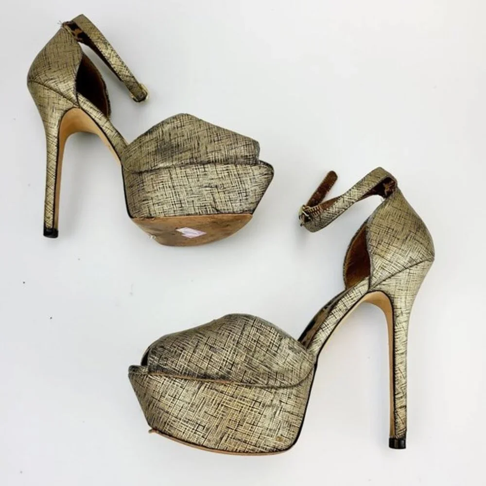 Y2K Platform Heels Sam Edelman Sandals 6 Gold Glam Crosshatch‎ Peep Toe Stiletto